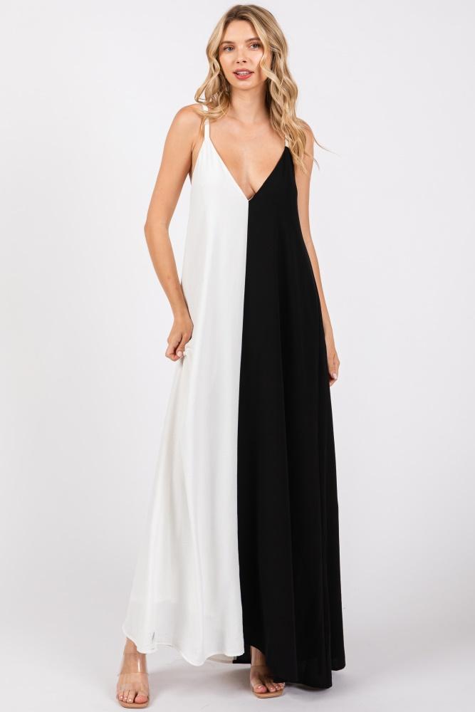 white color blocked v-neck maxi dress