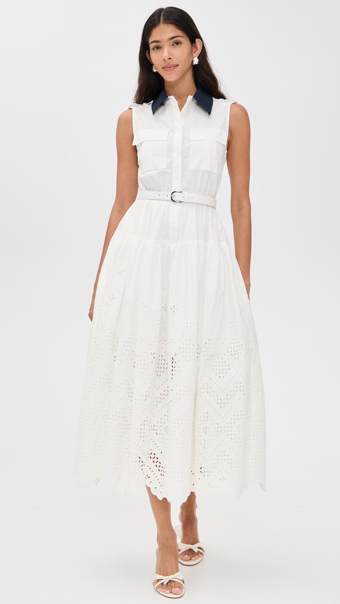 white contrast collar broderie midi dress