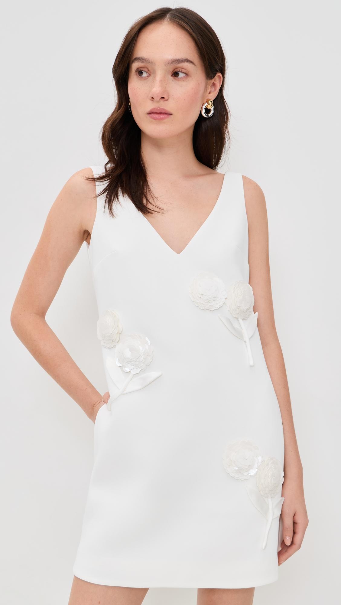 white crepe embellished flower mini dress