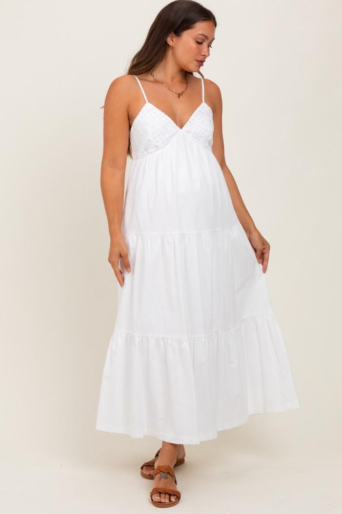 white crochet flare smocked maternity maxi dress