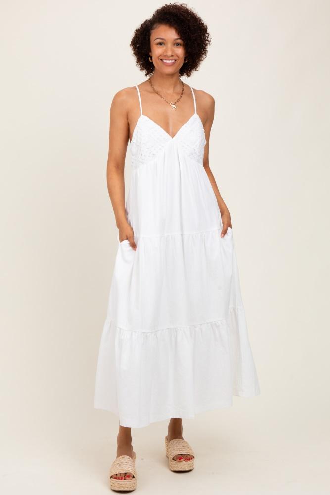 white crochet flare smocked maxi dress