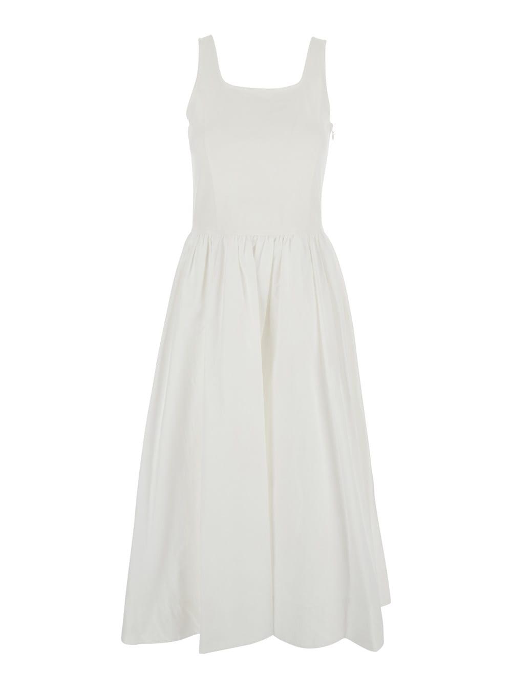 white dress with side zipper closure and flared skirt with pleated details in cotton blend woman