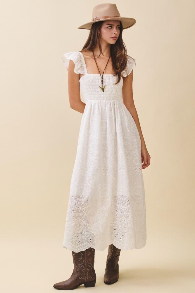 white embroidered smocked cutout midi dress