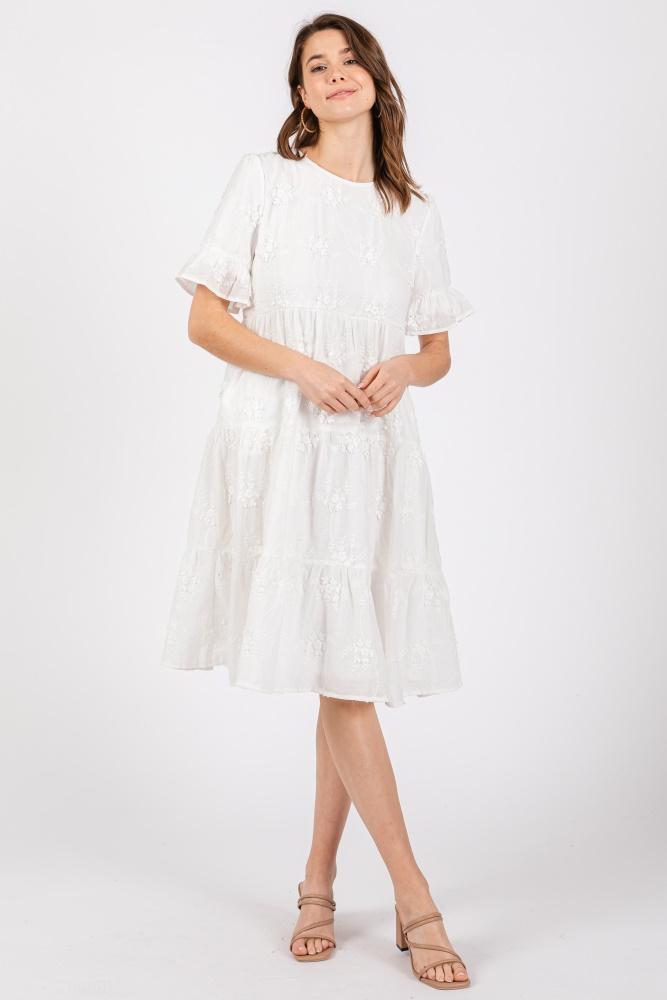 white floral embroidered ruffle short sleeve tiered dress