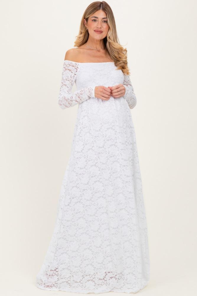 white floral lace long sleeve off shoulder maternity maxi dress