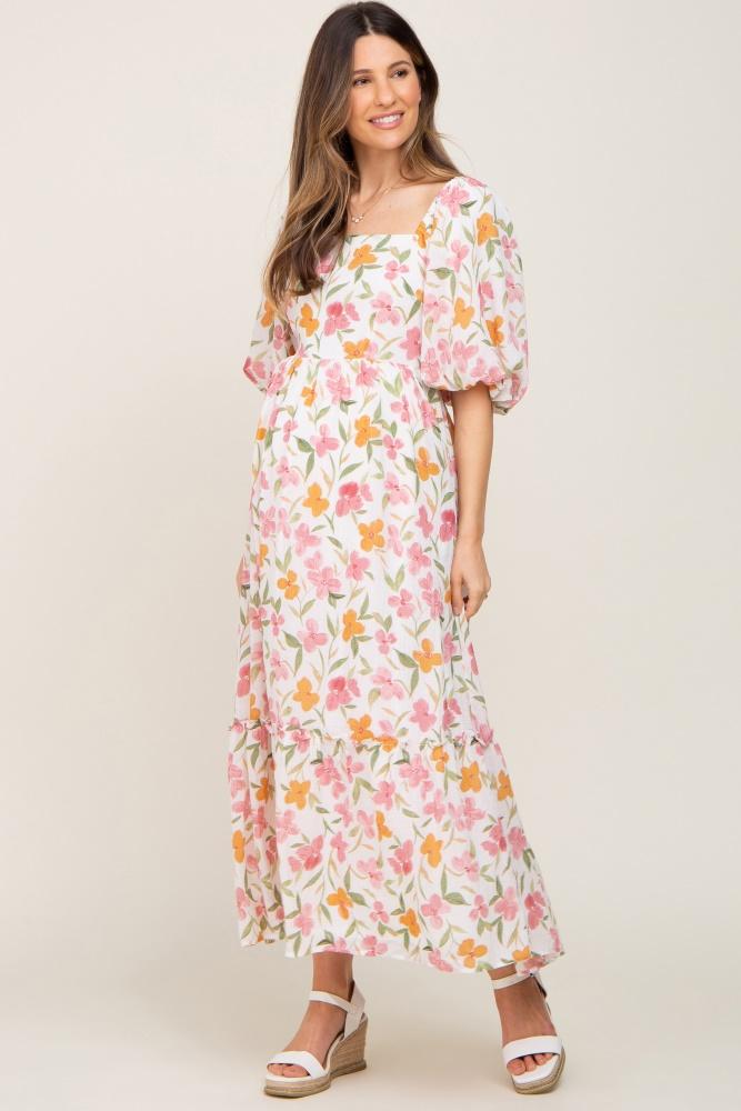 white floral puff sleeve maternity maxi dress