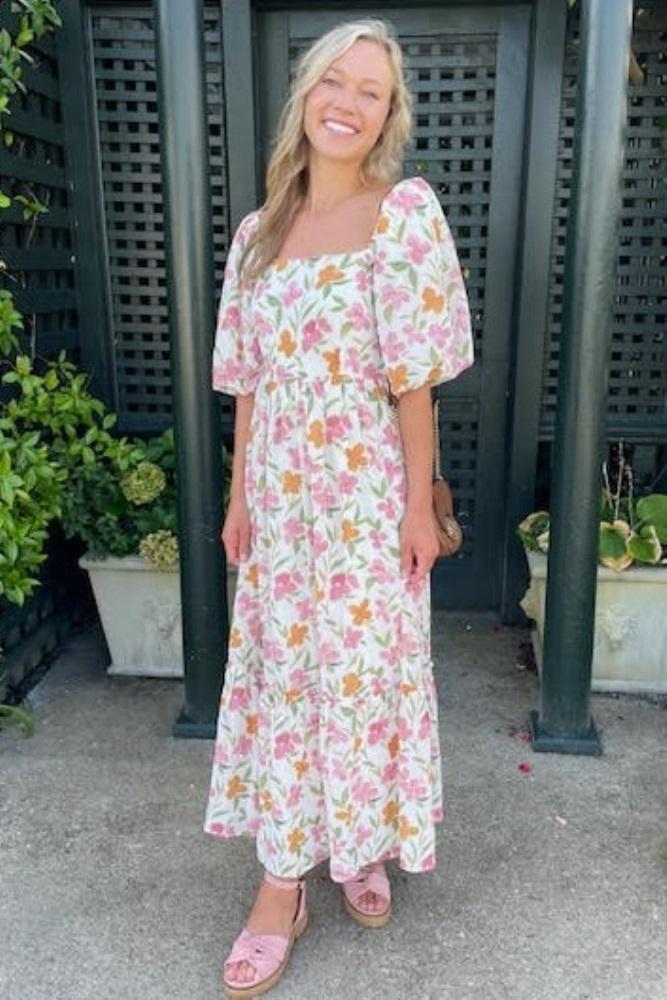 white floral puff sleeve maxi dress