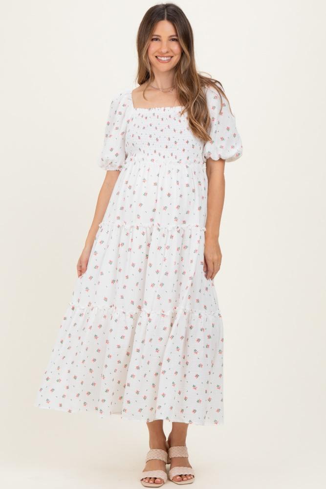 white floral puff sleeve tiered maternity maxi dress
