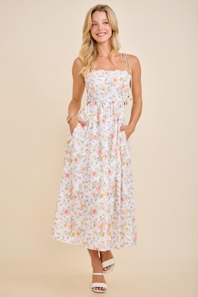 white floral shoulder tie cutout midi dress