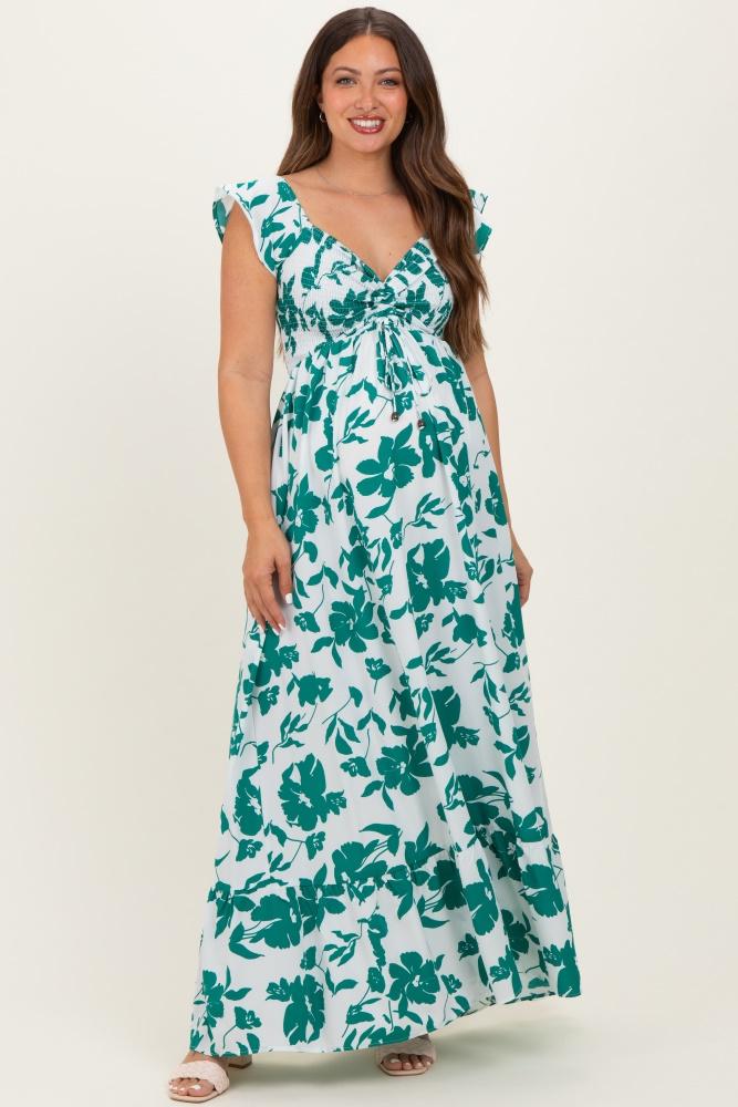 white floral smocked cinched top maternity maxi dress