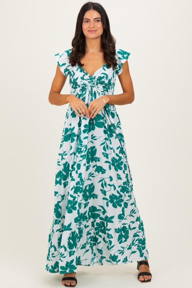 white floral smocked cinched top maxi dress