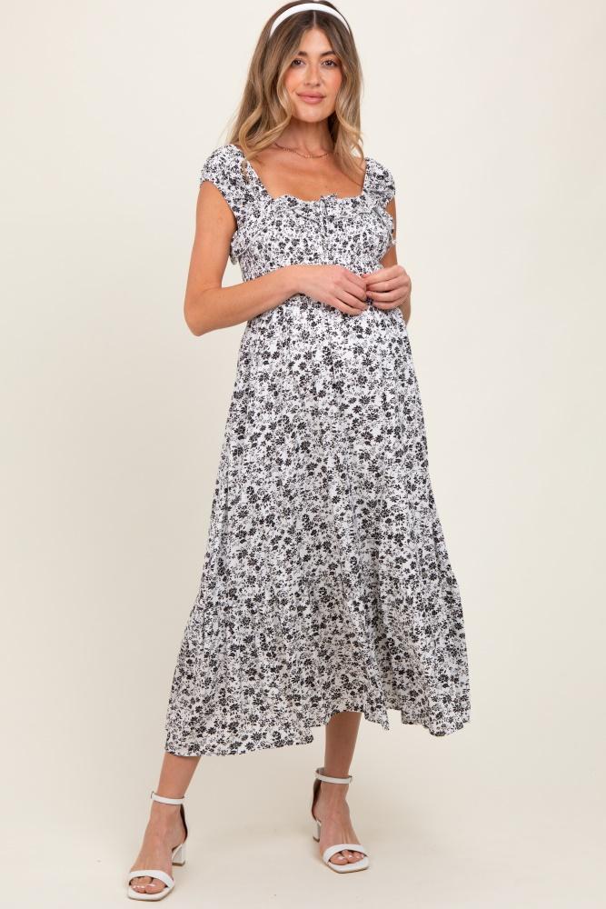 white floral smocked ruffle detail maternity midi dress