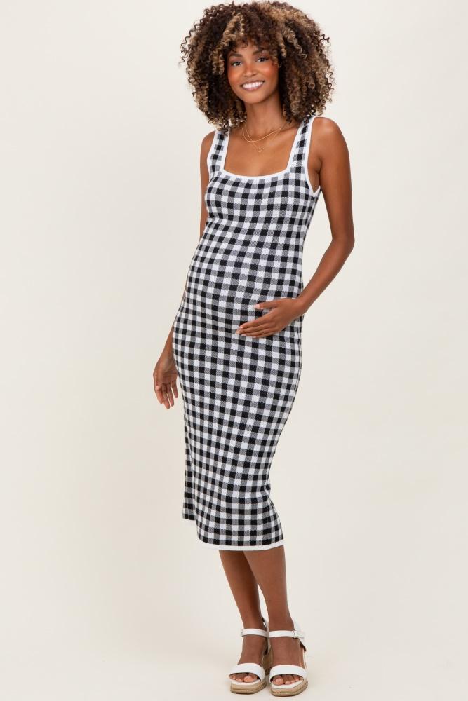white gingham knit square neck sleeveless maternity midi dress