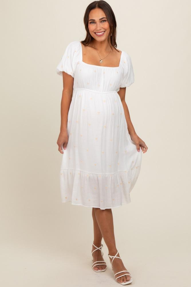 white heart embroidered short puff sleeve maternity midi dress