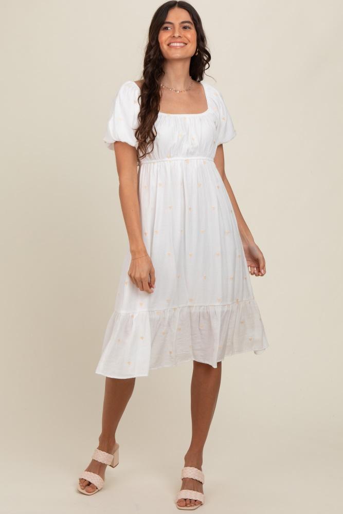 white heart embroidered short puff sleeve midi dress