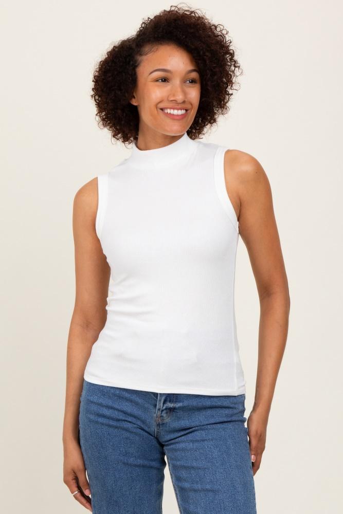 white knit mock neck sleeveless top