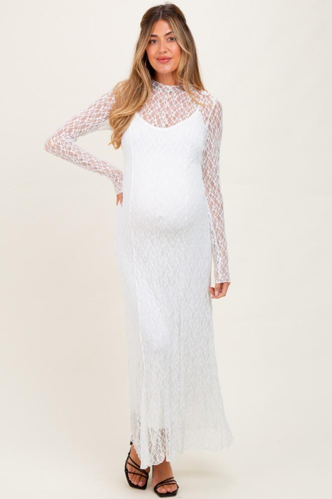 white lace mock neck long sleeve maternity maxi dress