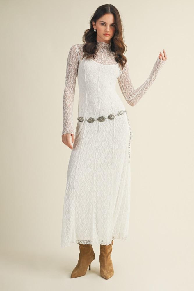 white lace mock neck long sleeve maxi dress