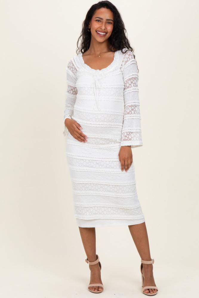 white lace ruffle tiered off shoulder maternity midi dress