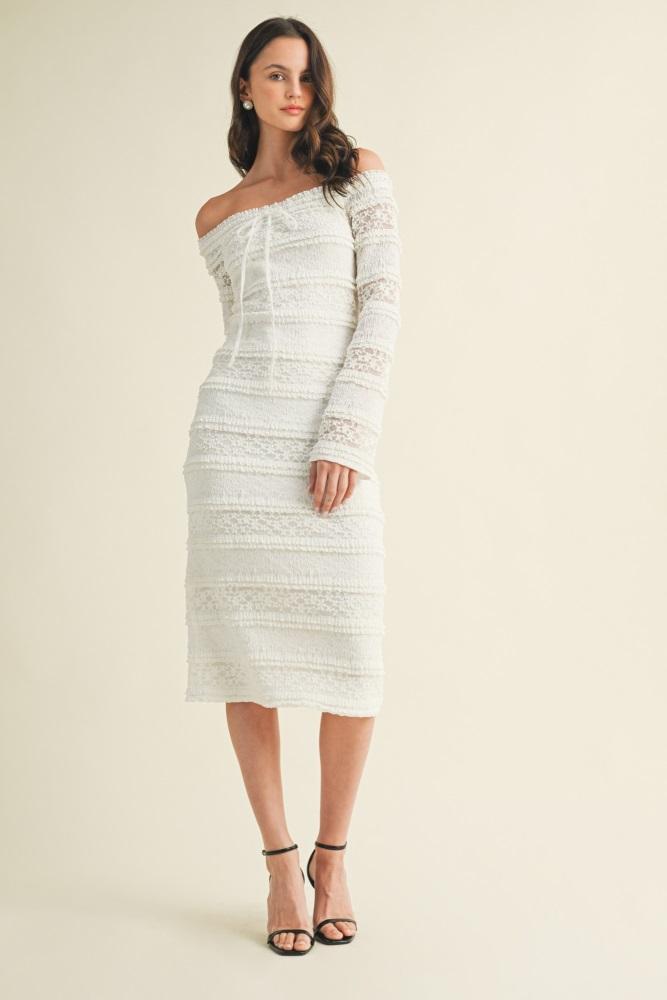 white lace ruffle tiered off shoulder midi dress