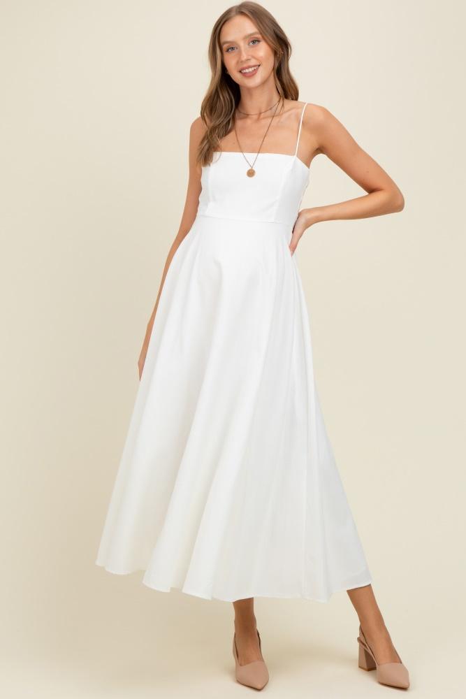 white linen a-line flared maternity midi dress