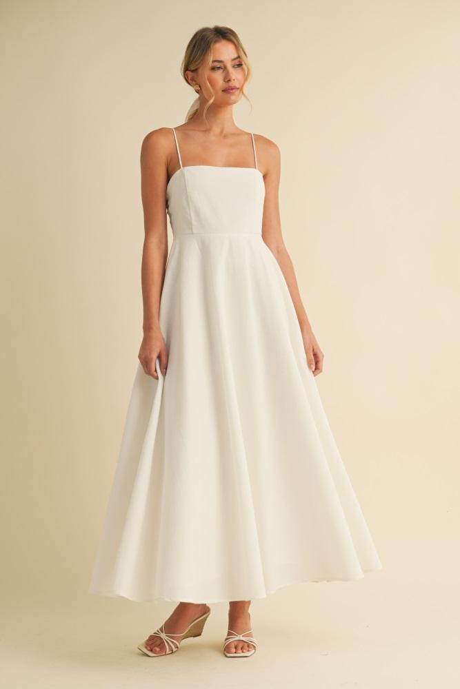 white linen a-line flared midi dress