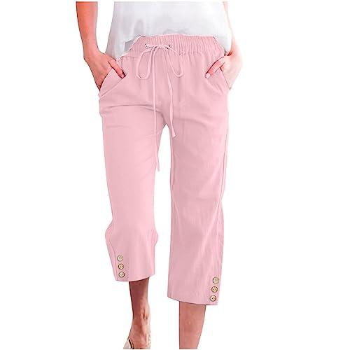 white linen pants for women capri pants for women dressy casual capri pants for women plus size button summer linen pants straight leg cropped trouser high waist drawstring capris,pink,4x-large