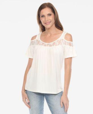 white mark womens cold shoulder lace trim knit top