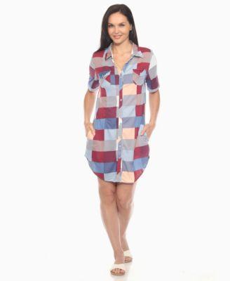 white mark womens short sleeve plaid button down shirt dress