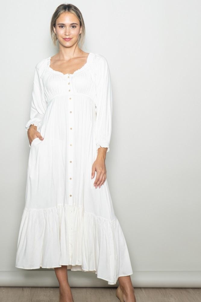 white off shoulder button accent maxi dress