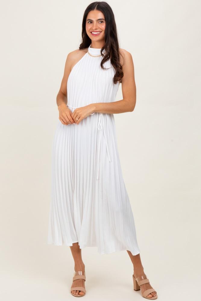 white pleated halter dress