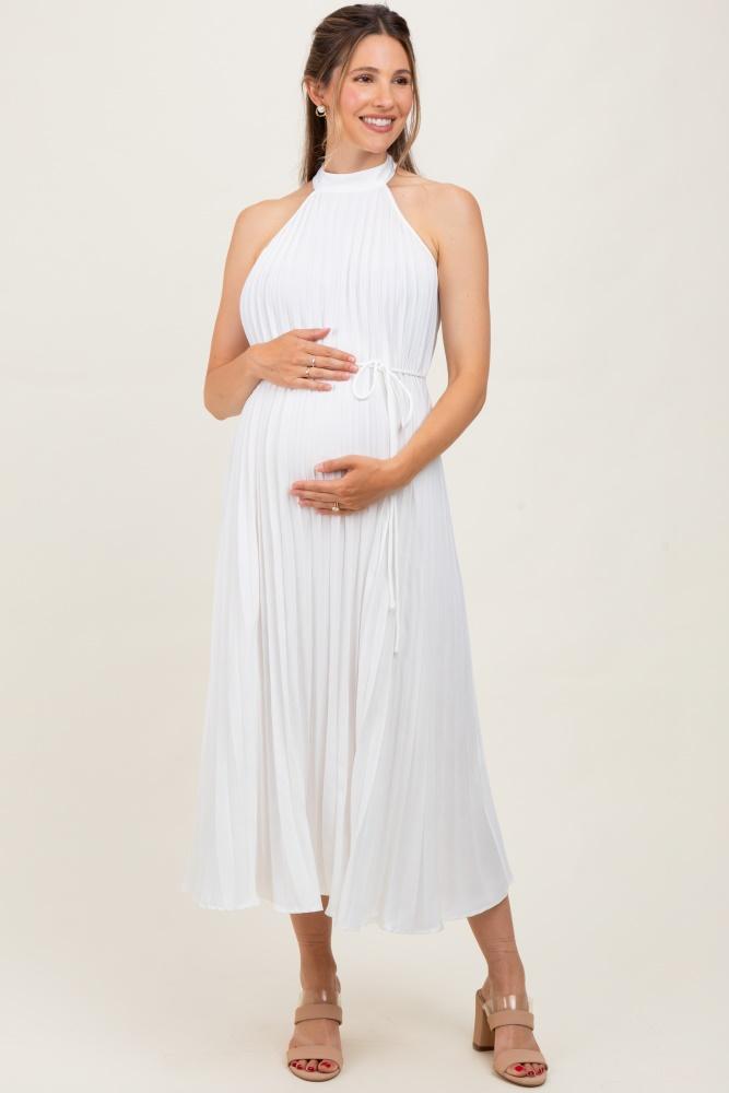 white pleated maternity halter dress