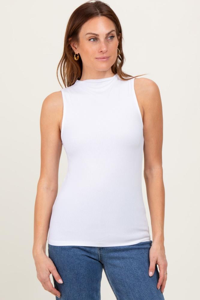white ribbed sleeveless mock neck top