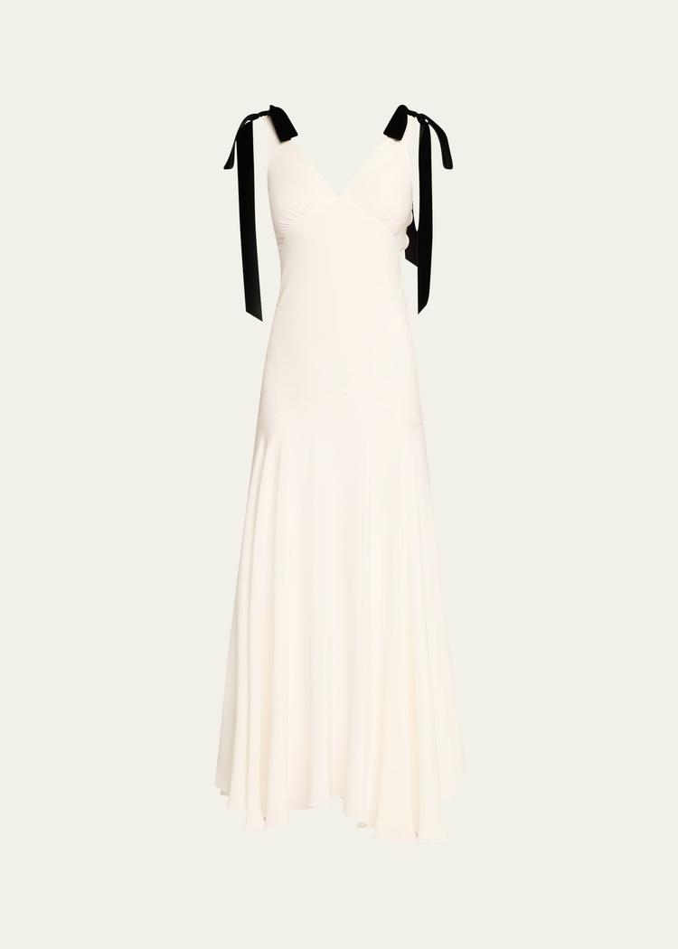 white silk crepe bias dress with black velvet bows
