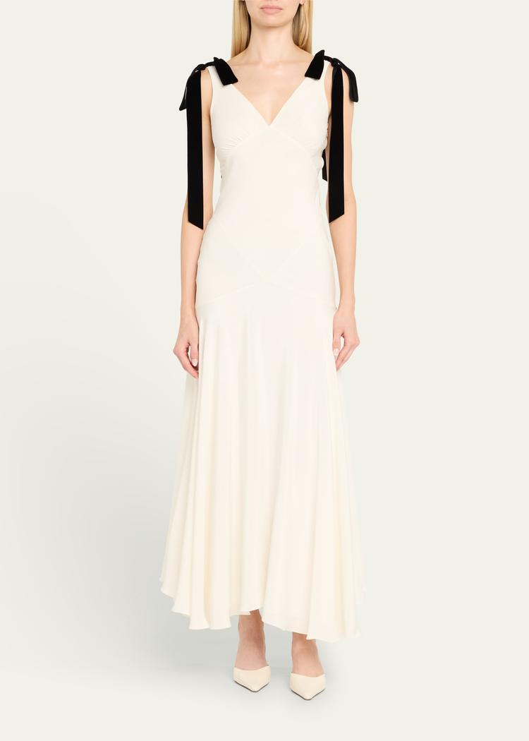 white silk crepe bias dress with black velvet bows
