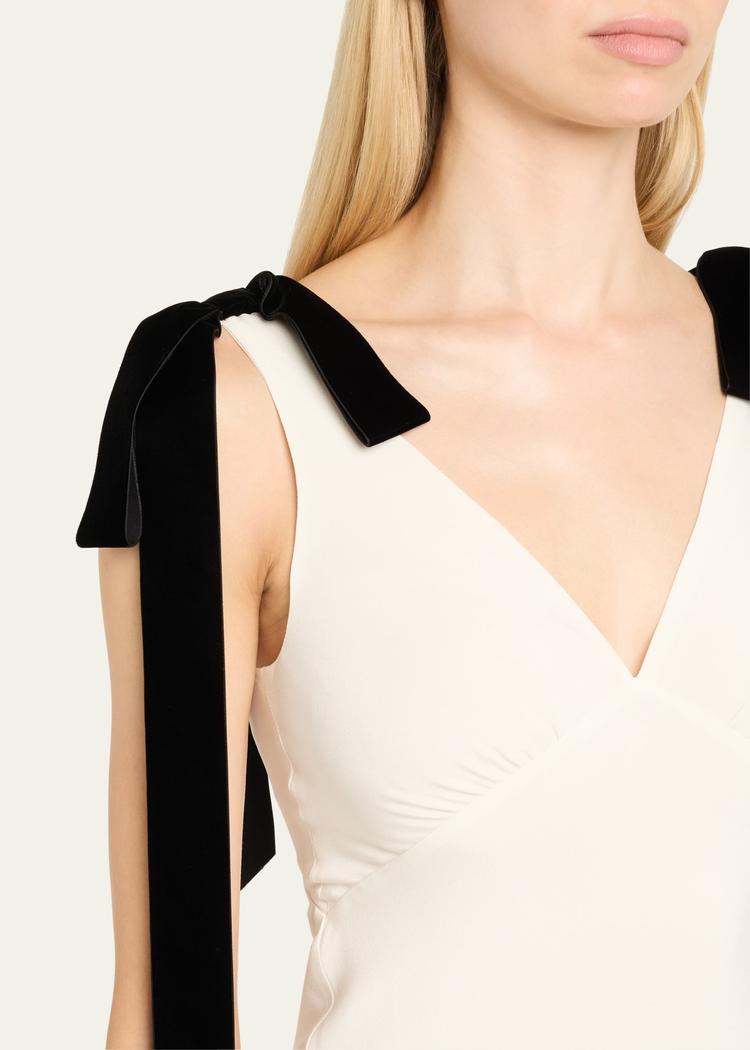 white silk crepe bias dress with black velvet bows