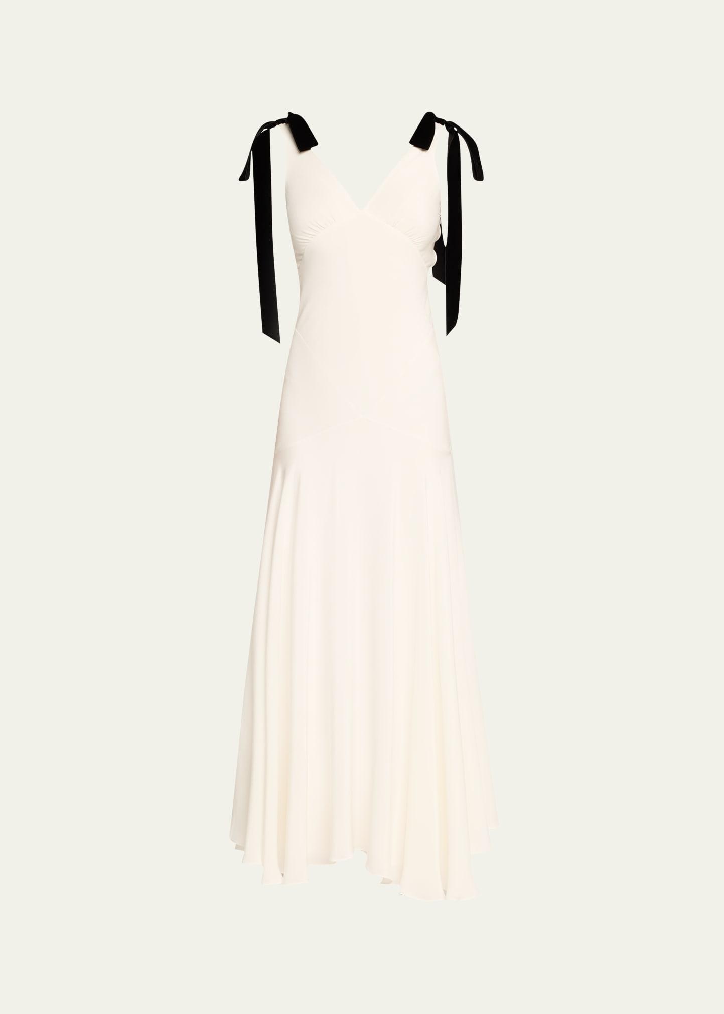 white silk crepe bias dress with black velvet bows