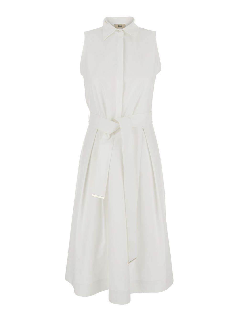 white sleeveless dress with classic collar and adjustable belt in tech fabric stretch woman