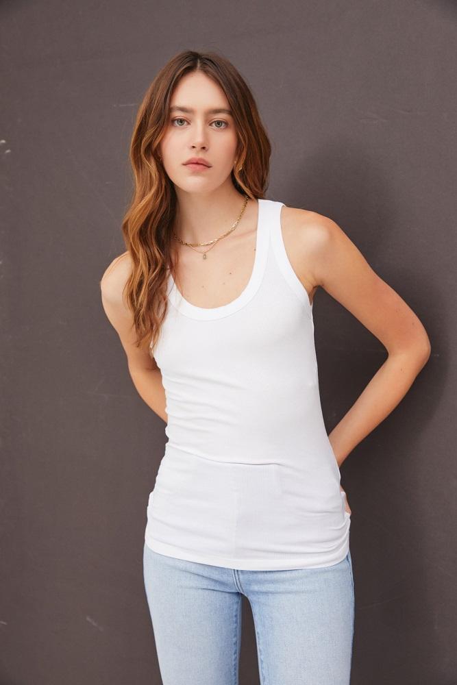 white sleeveless ribbed top