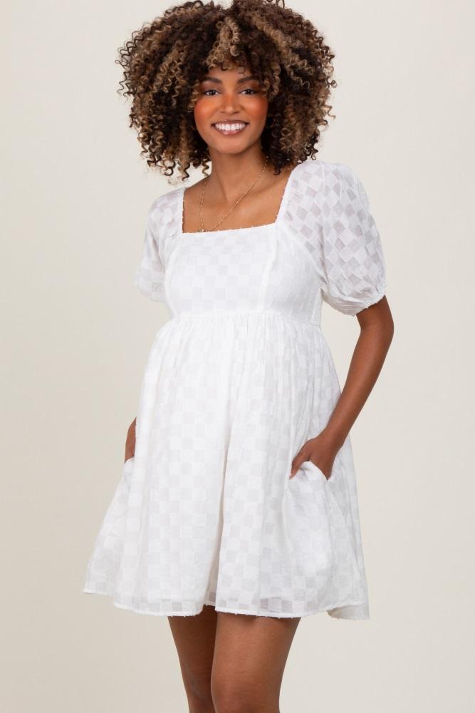 white smocked back textured babydoll maternity mini dress