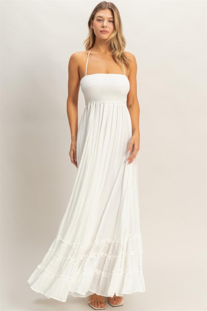 white smocked halter open back maxi dress