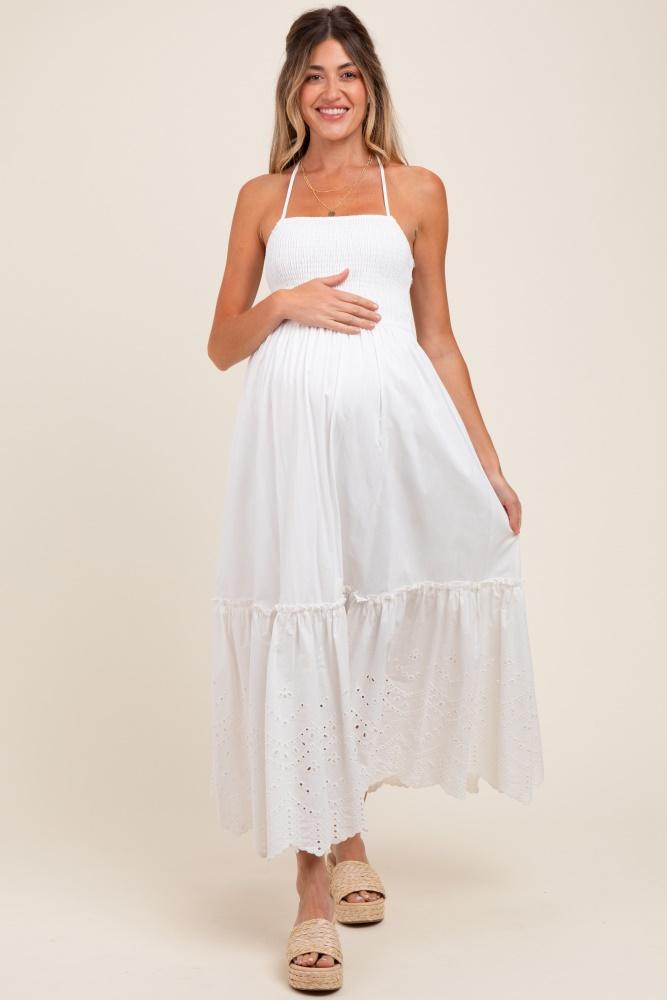 white smocked open back lace hem maternity maxi dress
