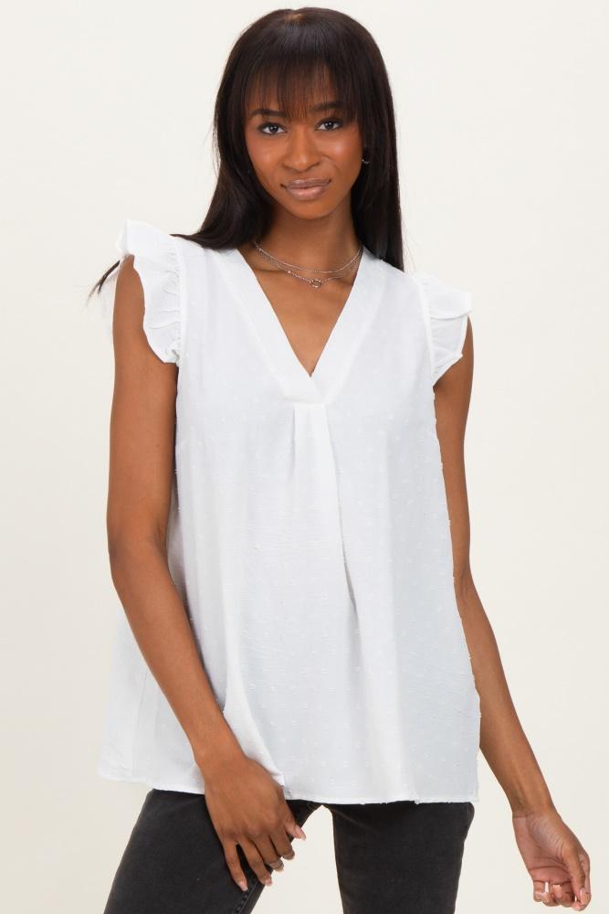 white swiss dot flutter sleeve v-neck top