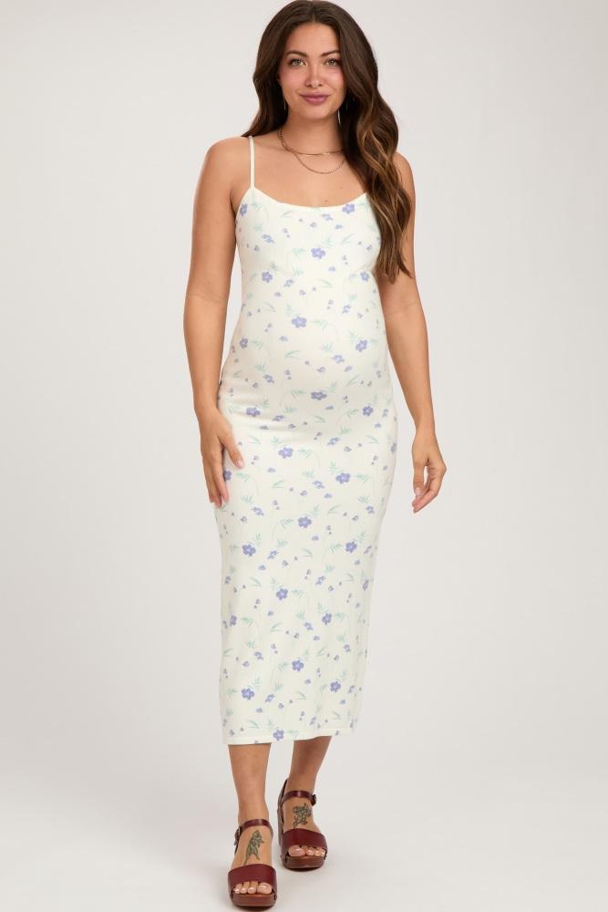 white ultra soft knit floral sleeveless maternity midi dress
