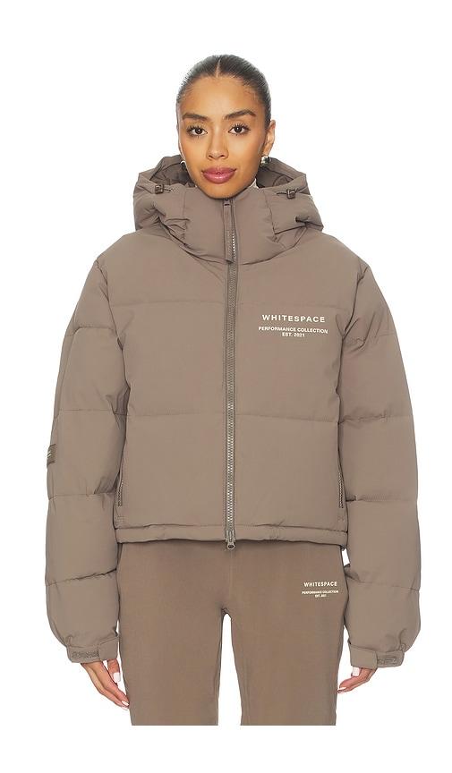whitespace cropped puffer jacket in taupe.