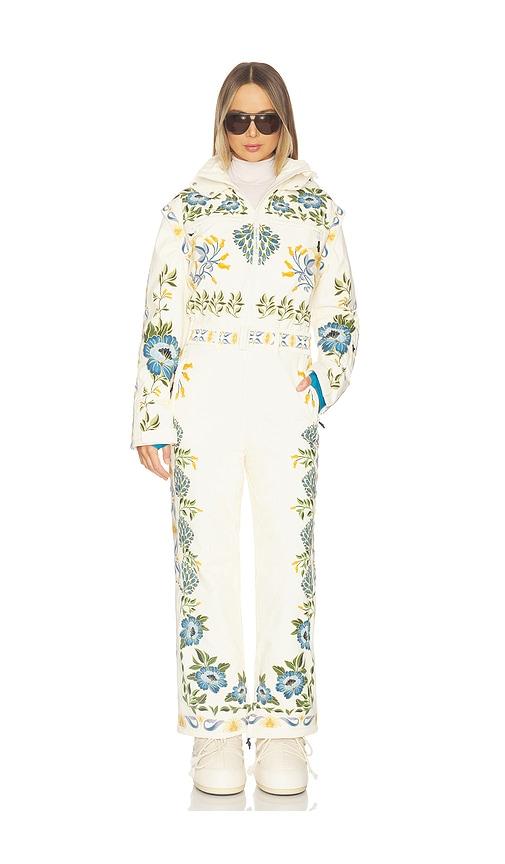 whitespace x farm rio one piece ski suit in cream.