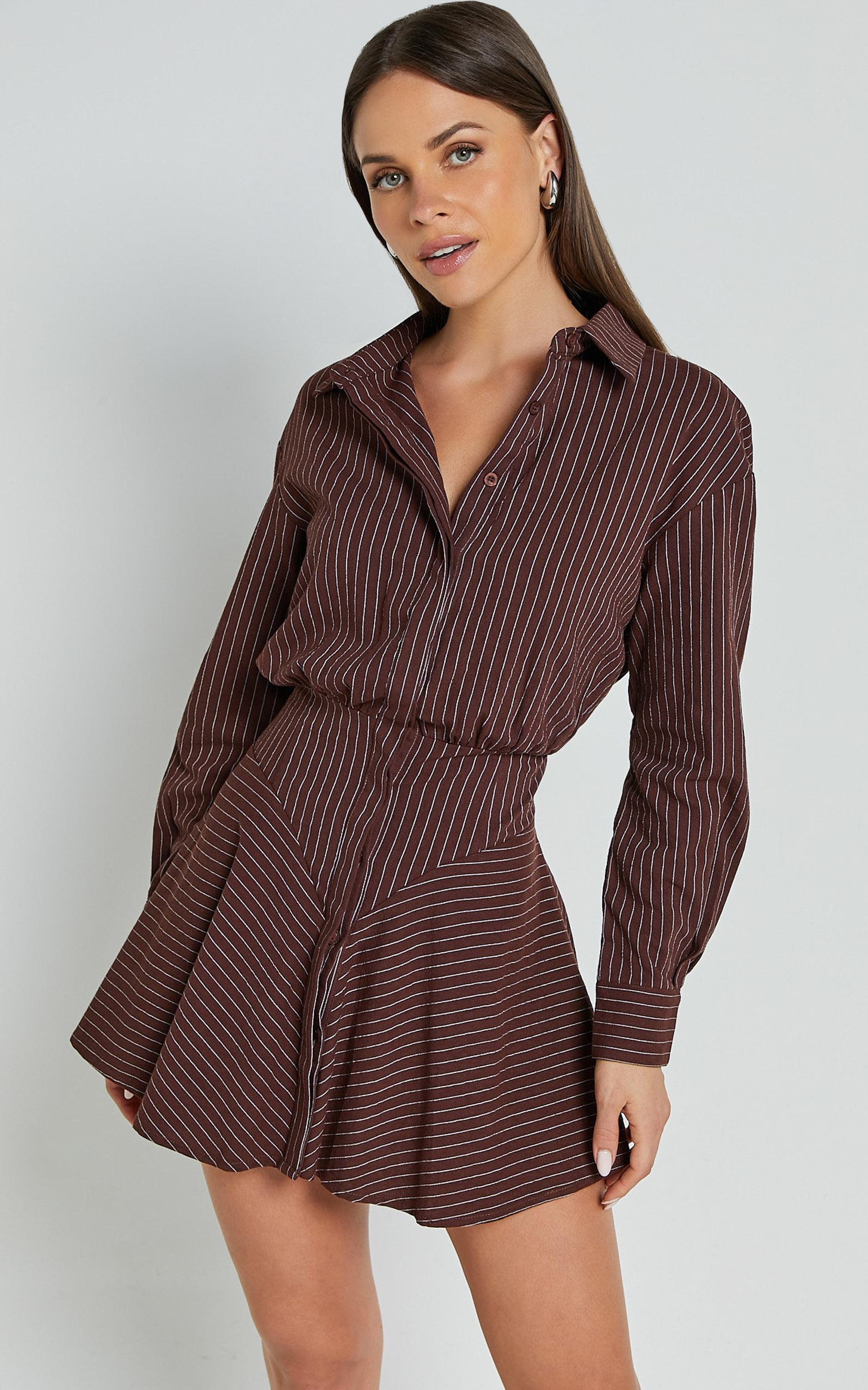whitney mini dress - linen long sleeve shirt dress in chocolate pinstripe
