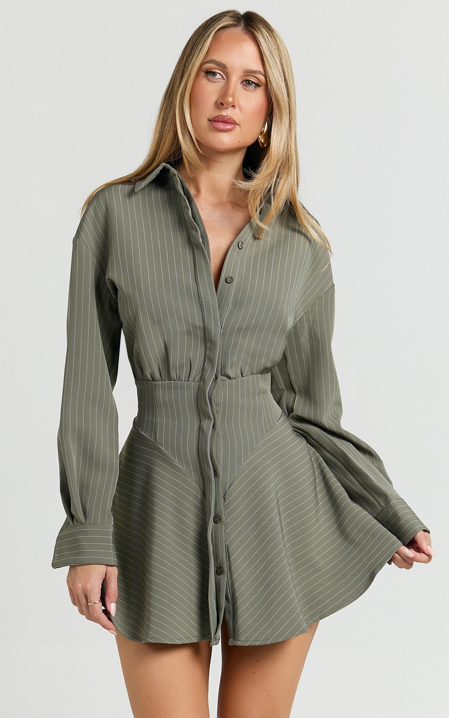whitney mini dress - linen long sleeve shirt dress in grey keisha stripe