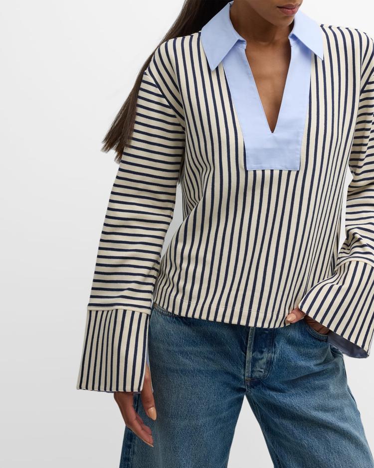 whitney rugby stripe collared v-neck top
