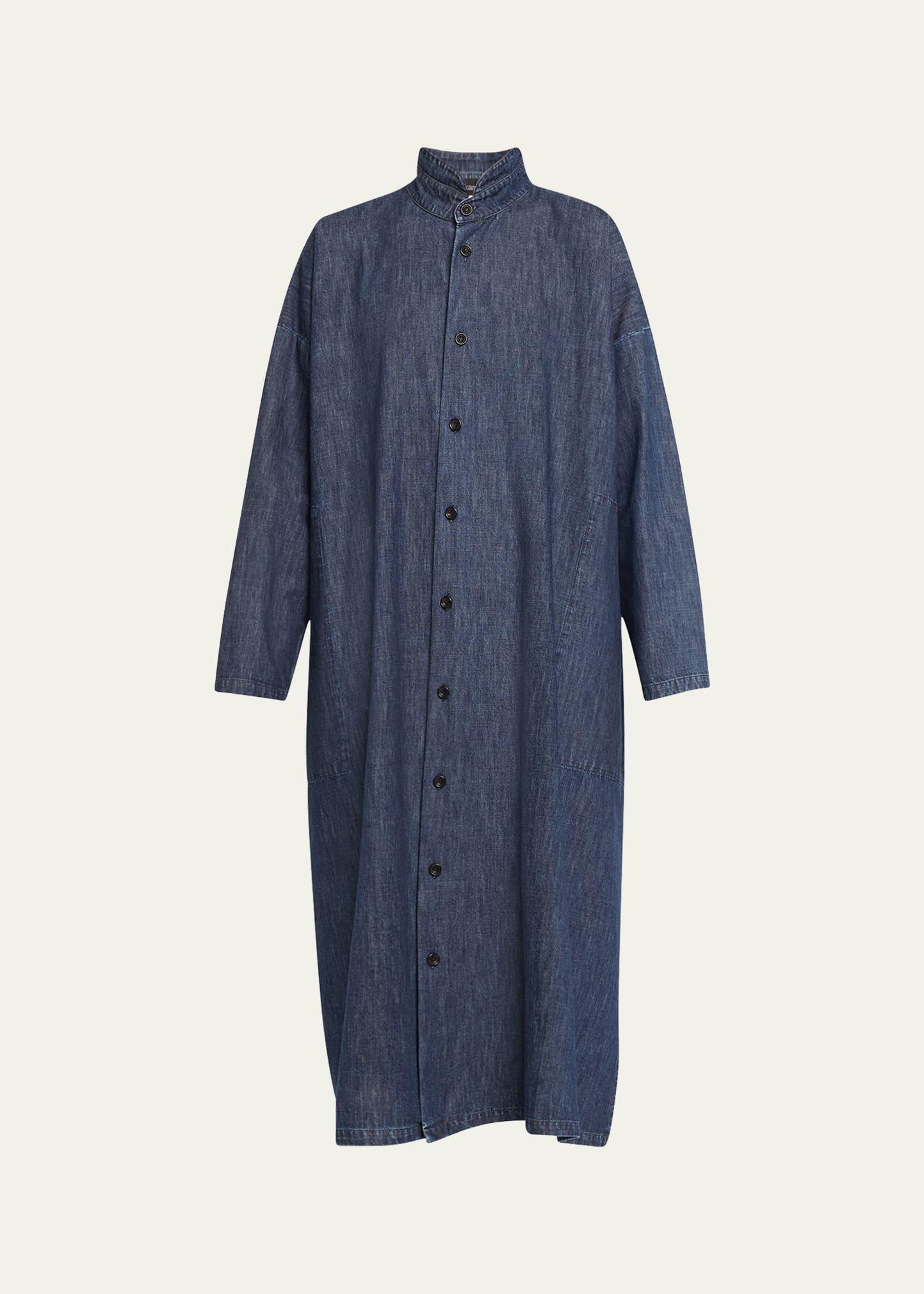 wide a-line denim shirtdress with double stand collar